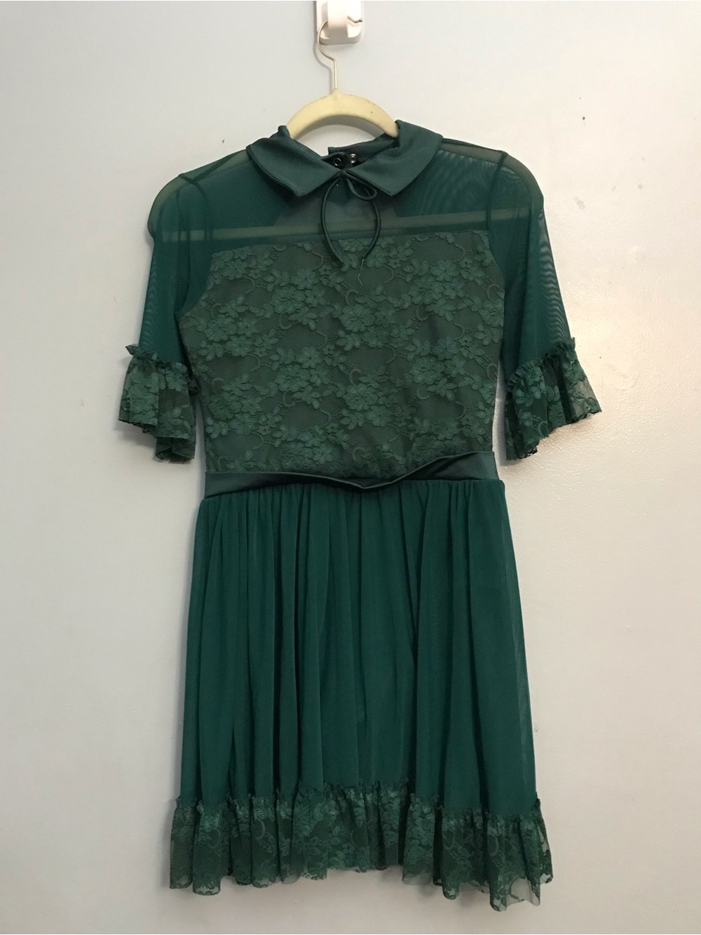 Sheer Lace Overlay Green Dress with Peter Pan Collar